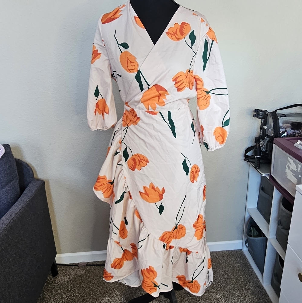 Elegant Floral Wrap Midi Dress in Cream and Orange